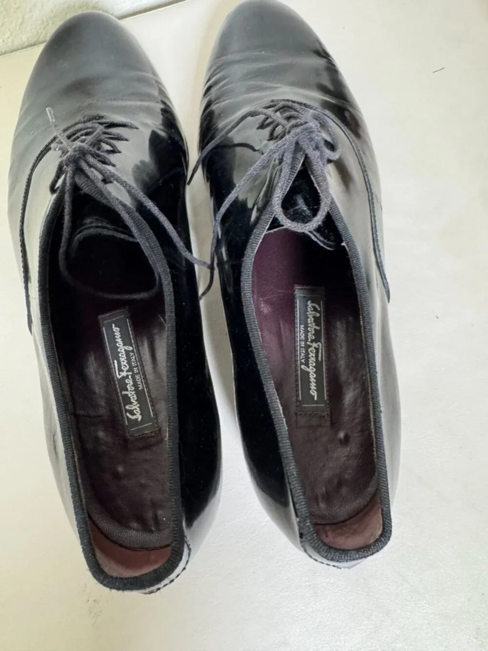 Salvatore Ferragamo Mens Black Patent Leather Oxford Dress Shoes Size 11 D Italy